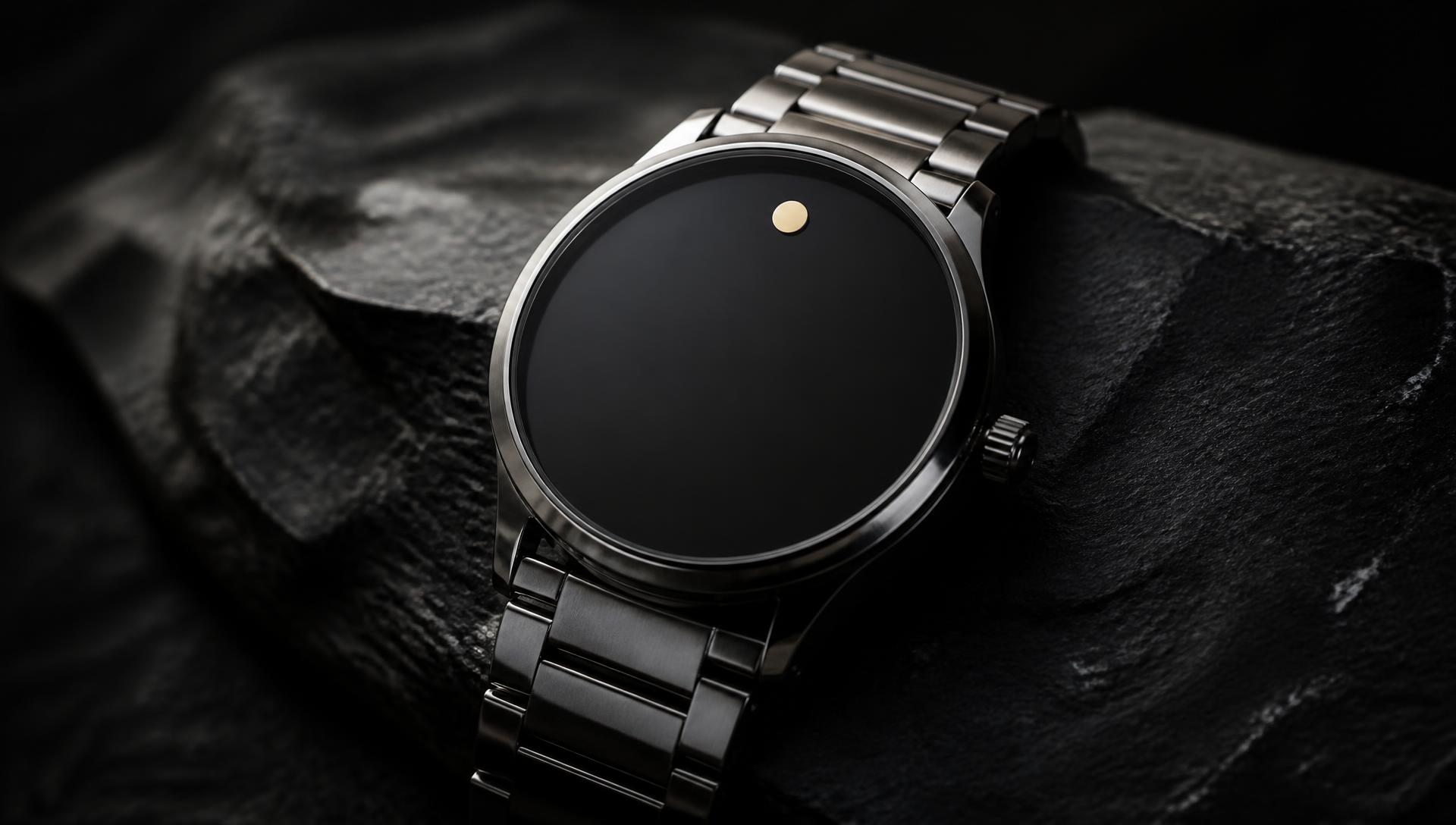 Minimalist black dial replica watch on dark slate